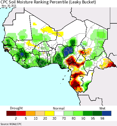 Western Africa CPC Soil Moisture Ranking Percentile (Leaky Bucket) Thematic Map For 11/26/2021 - 11/30/2021