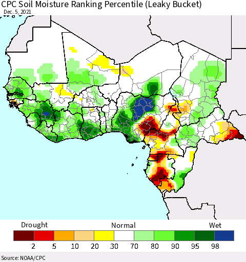Western Africa CPC Soil Moisture Ranking Percentile (Leaky Bucket) Thematic Map For 12/1/2021 - 12/5/2021