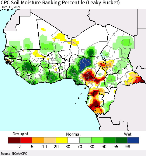 Western Africa CPC Soil Moisture Ranking Percentile (Leaky Bucket) Thematic Map For 12/6/2021 - 12/10/2021