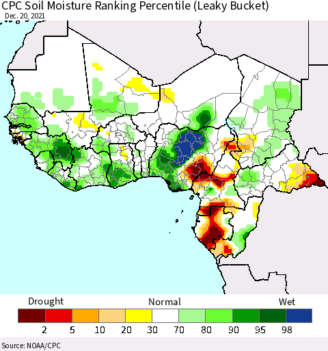 Western Africa CPC Soil Moisture Ranking Percentile (Leaky Bucket) Thematic Map For 12/16/2021 - 12/20/2021