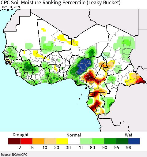 Western Africa CPC Soil Moisture Ranking Percentile (Leaky Bucket) Thematic Map For 12/26/2021 - 12/31/2021