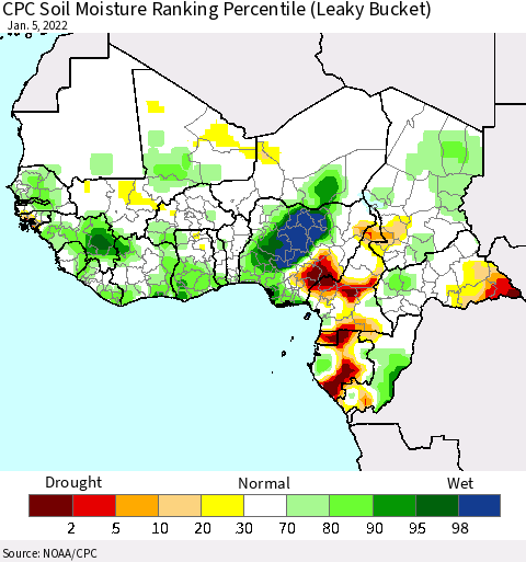 Western Africa CPC Soil Moisture Ranking Percentile (Leaky Bucket) Thematic Map For 1/1/2022 - 1/5/2022