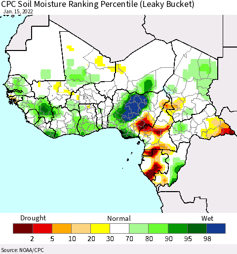 Western Africa CPC Soil Moisture Ranking Percentile (Leaky Bucket) Thematic Map For 1/11/2022 - 1/15/2022
