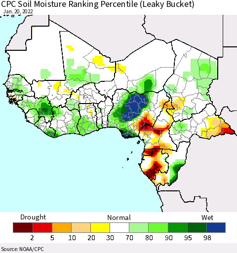 Western Africa CPC Soil Moisture Ranking Percentile (Leaky Bucket) Thematic Map For 1/16/2022 - 1/20/2022