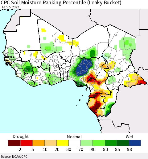 Western Africa CPC Soil Moisture Ranking Percentile (Leaky Bucket) Thematic Map For 2/1/2022 - 2/5/2022