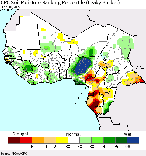 Western Africa CPC Soil Moisture Ranking Percentile (Leaky Bucket) Thematic Map For 2/6/2022 - 2/10/2022