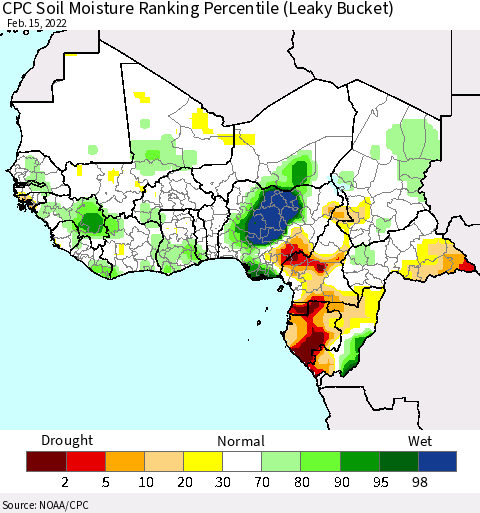 Western Africa CPC Soil Moisture Ranking Percentile (Leaky Bucket) Thematic Map For 2/11/2022 - 2/15/2022