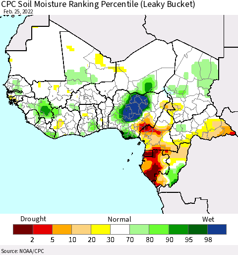 Western Africa CPC Soil Moisture Ranking Percentile (Leaky Bucket) Thematic Map For 2/21/2022 - 2/25/2022