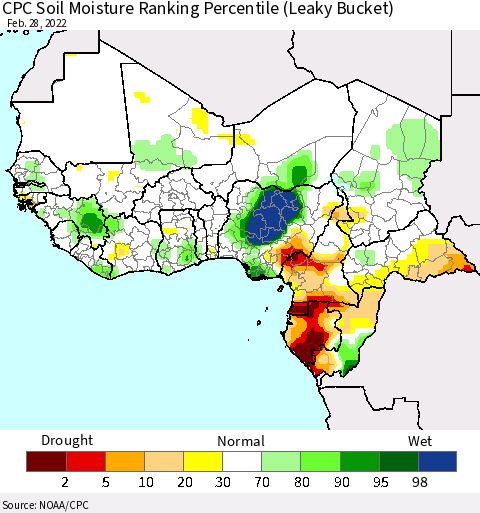 Western Africa CPC Soil Moisture Ranking Percentile (Leaky Bucket) Thematic Map For 2/26/2022 - 2/28/2022