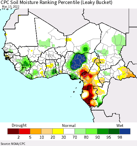 Western Africa CPC Soil Moisture Ranking Percentile (Leaky Bucket) Thematic Map For 3/11/2022 - 3/15/2022
