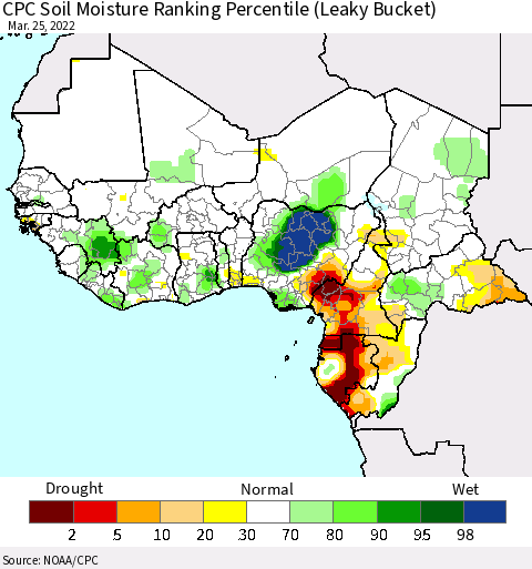 Western Africa CPC Soil Moisture Ranking Percentile (Leaky Bucket) Thematic Map For 3/21/2022 - 3/25/2022