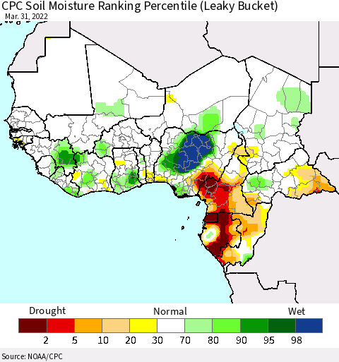 Western Africa CPC Soil Moisture Ranking Percentile (Leaky Bucket) Thematic Map For 3/26/2022 - 3/31/2022