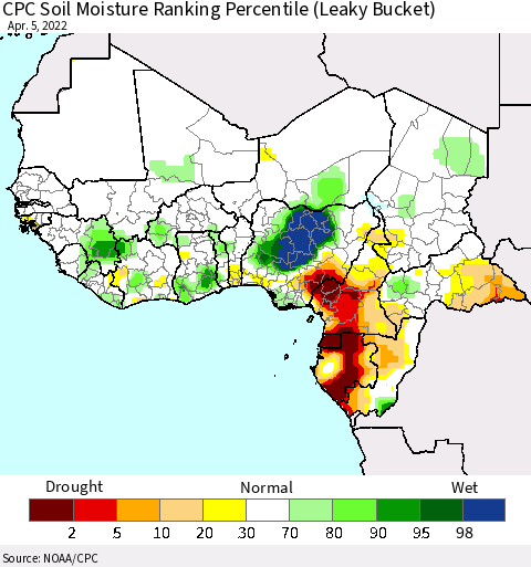Western Africa CPC Soil Moisture Ranking Percentile (Leaky Bucket) Thematic Map For 4/1/2022 - 4/5/2022
