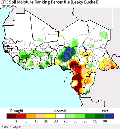 Western Africa CPC Soil Moisture Ranking Percentile (Leaky Bucket) Thematic Map For 4/6/2022 - 4/10/2022