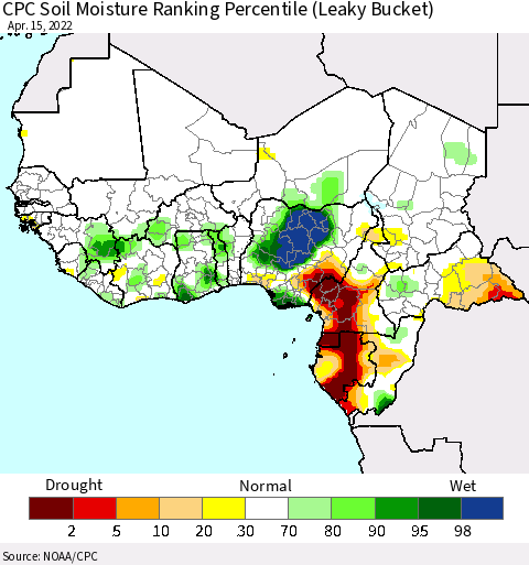 Western Africa CPC Soil Moisture Ranking Percentile (Leaky Bucket) Thematic Map For 4/11/2022 - 4/15/2022