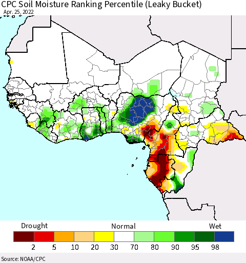 Western Africa CPC Soil Moisture Ranking Percentile (Leaky Bucket) Thematic Map For 4/21/2022 - 4/25/2022