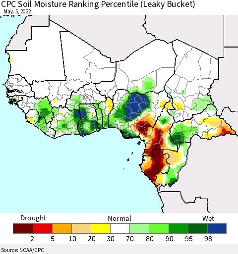 Western Africa CPC Soil Moisture Ranking Percentile (Leaky Bucket) Thematic Map For 5/1/2022 - 5/5/2022