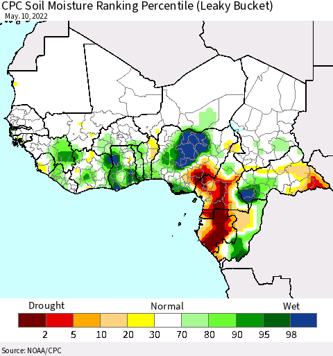 Western Africa CPC Soil Moisture Ranking Percentile (Leaky Bucket) Thematic Map For 5/6/2022 - 5/10/2022
