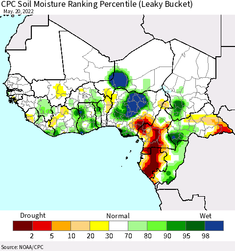 Western Africa CPC Soil Moisture Ranking Percentile (Leaky Bucket) Thematic Map For 5/16/2022 - 5/20/2022