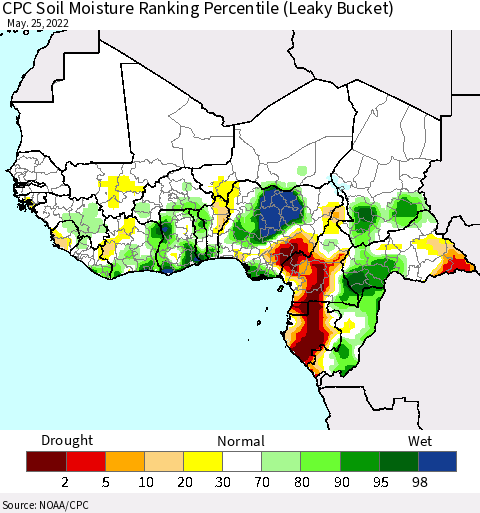 Western Africa CPC Soil Moisture Ranking Percentile (Leaky Bucket) Thematic Map For 5/21/2022 - 5/25/2022