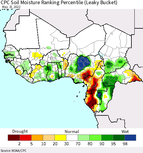 Western Africa CPC Soil Moisture Ranking Percentile (Leaky Bucket) Thematic Map For 5/26/2022 - 5/31/2022