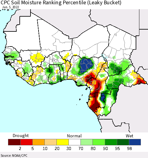 Western Africa CPC Soil Moisture Ranking Percentile (Leaky Bucket) Thematic Map For 6/1/2022 - 6/5/2022