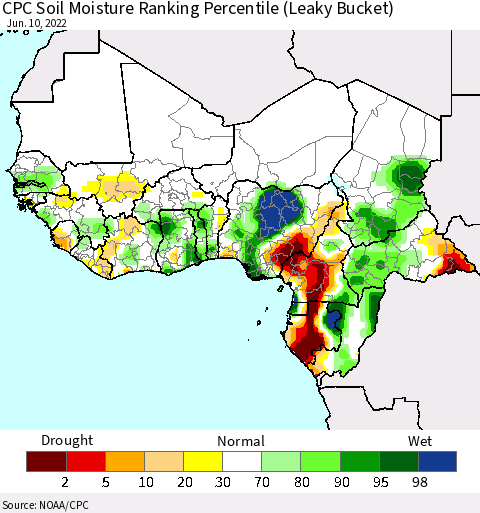 Western Africa CPC Soil Moisture Ranking Percentile (Leaky Bucket) Thematic Map For 6/6/2022 - 6/10/2022