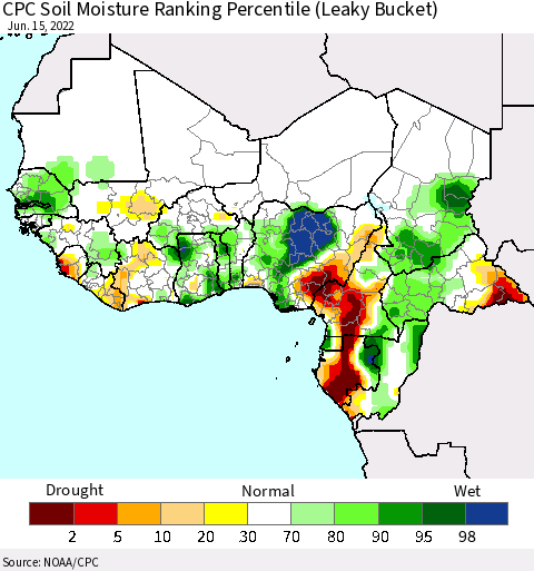 Western Africa CPC Soil Moisture Ranking Percentile (Leaky Bucket) Thematic Map For 6/11/2022 - 6/15/2022