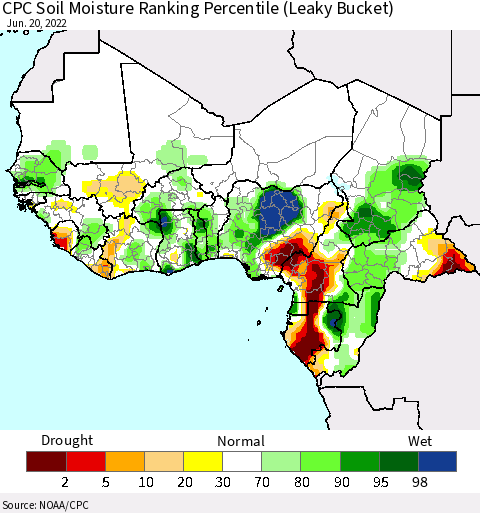 Western Africa CPC Soil Moisture Ranking Percentile (Leaky Bucket) Thematic Map For 6/16/2022 - 6/20/2022