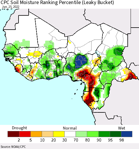 Western Africa CPC Soil Moisture Ranking Percentile (Leaky Bucket) Thematic Map For 6/21/2022 - 6/25/2022