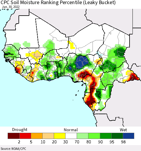 Western Africa CPC Soil Moisture Ranking Percentile (Leaky Bucket) Thematic Map For 6/26/2022 - 6/30/2022