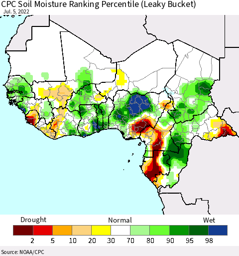 Western Africa CPC Soil Moisture Ranking Percentile (Leaky Bucket) Thematic Map For 7/1/2022 - 7/5/2022