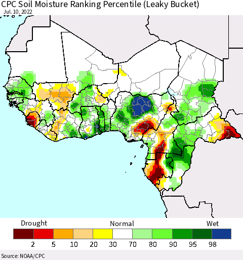 Western Africa CPC Soil Moisture Ranking Percentile (Leaky Bucket) Thematic Map For 7/6/2022 - 7/10/2022