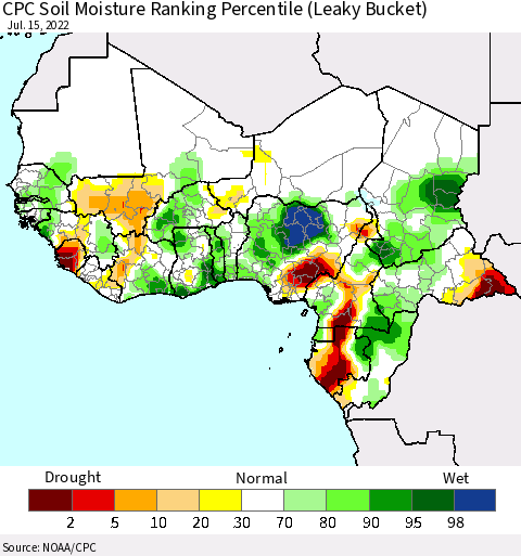Western Africa CPC Soil Moisture Ranking Percentile (Leaky Bucket) Thematic Map For 7/11/2022 - 7/15/2022