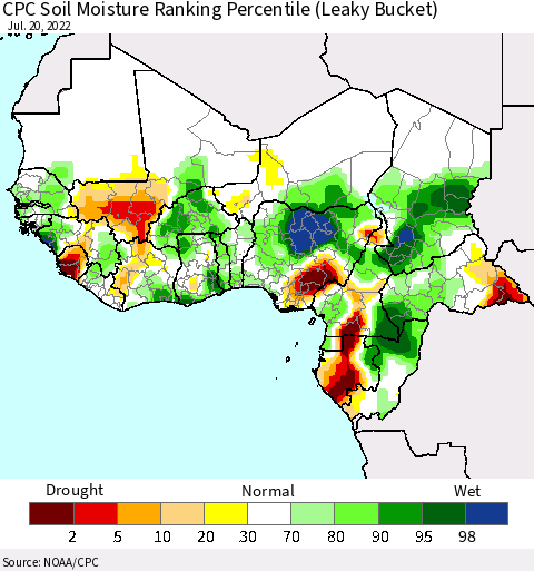 Western Africa CPC Soil Moisture Ranking Percentile (Leaky Bucket) Thematic Map For 7/16/2022 - 7/20/2022