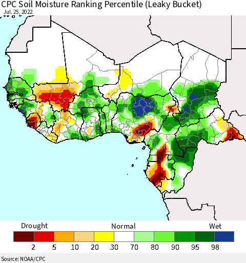 Western Africa CPC Soil Moisture Ranking Percentile (Leaky Bucket) Thematic Map For 7/21/2022 - 7/25/2022