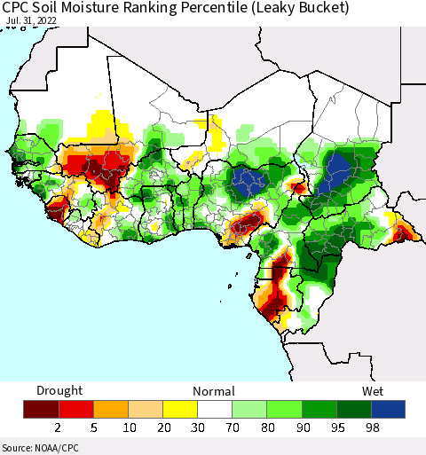 Western Africa CPC Soil Moisture Ranking Percentile (Leaky Bucket) Thematic Map For 7/26/2022 - 7/31/2022