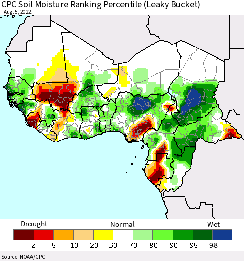 Western Africa CPC Soil Moisture Ranking Percentile (Leaky Bucket) Thematic Map For 8/1/2022 - 8/5/2022