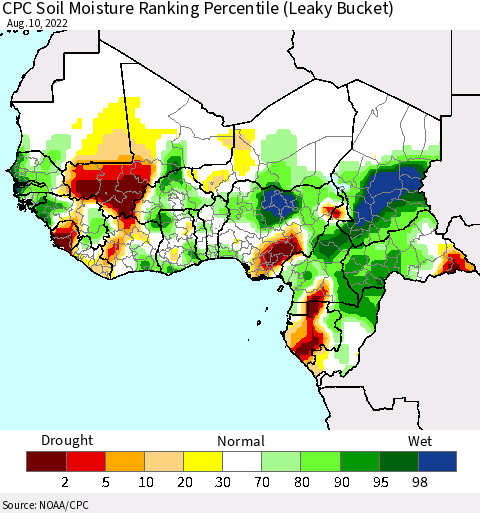 Western Africa CPC Soil Moisture Ranking Percentile (Leaky Bucket) Thematic Map For 8/6/2022 - 8/10/2022