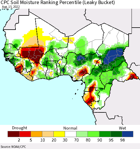 Western Africa CPC Soil Moisture Ranking Percentile (Leaky Bucket) Thematic Map For 8/11/2022 - 8/15/2022