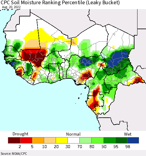 Western Africa CPC Soil Moisture Ranking Percentile (Leaky Bucket) Thematic Map For 8/16/2022 - 8/20/2022