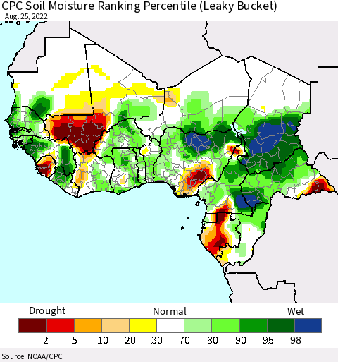Western Africa CPC Soil Moisture Ranking Percentile (Leaky Bucket) Thematic Map For 8/21/2022 - 8/25/2022