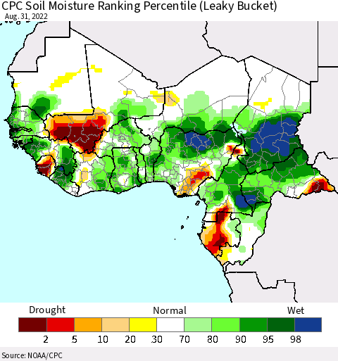 Western Africa CPC Soil Moisture Ranking Percentile (Leaky Bucket) Thematic Map For 8/26/2022 - 8/31/2022