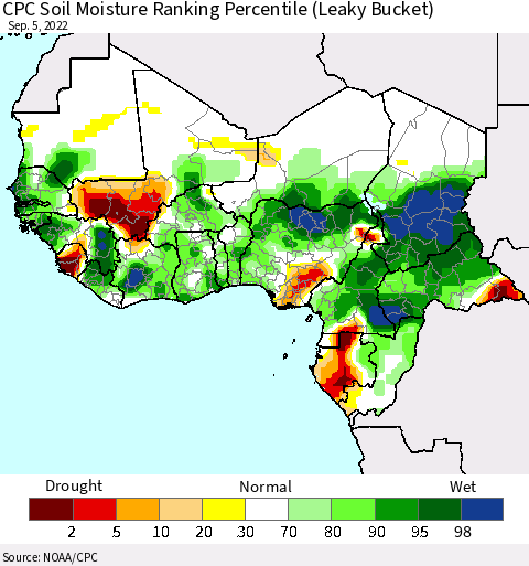Western Africa CPC Soil Moisture Ranking Percentile (Leaky Bucket) Thematic Map For 9/1/2022 - 9/5/2022