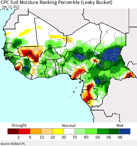 Western Africa CPC Soil Moisture Ranking Percentile (Leaky Bucket) Thematic Map For 9/6/2022 - 9/10/2022