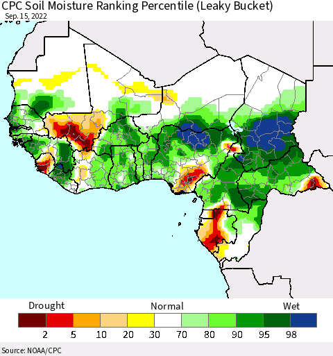 Western Africa CPC Soil Moisture Ranking Percentile (Leaky Bucket) Thematic Map For 9/11/2022 - 9/15/2022