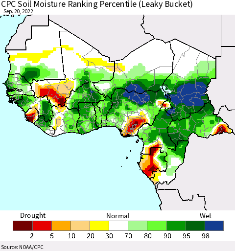 Western Africa CPC Soil Moisture Ranking Percentile (Leaky Bucket) Thematic Map For 9/16/2022 - 9/20/2022