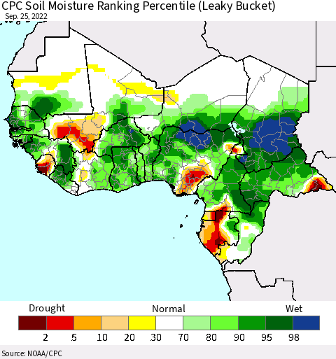 Western Africa CPC Soil Moisture Ranking Percentile (Leaky Bucket) Thematic Map For 9/21/2022 - 9/25/2022