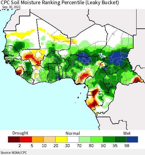 Western Africa CPC Soil Moisture Ranking Percentile (Leaky Bucket) Thematic Map For 9/26/2022 - 9/30/2022