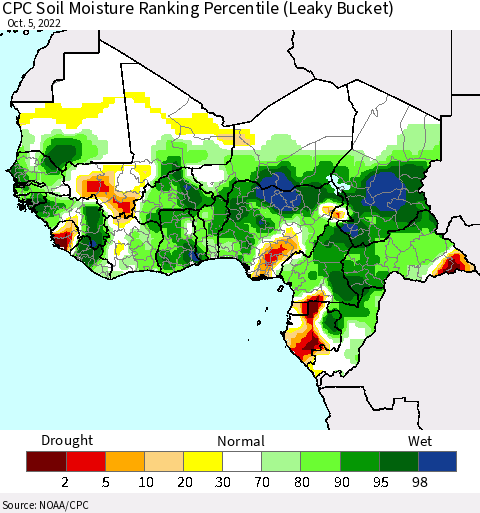 Western Africa CPC Soil Moisture Ranking Percentile (Leaky Bucket) Thematic Map For 10/1/2022 - 10/5/2022